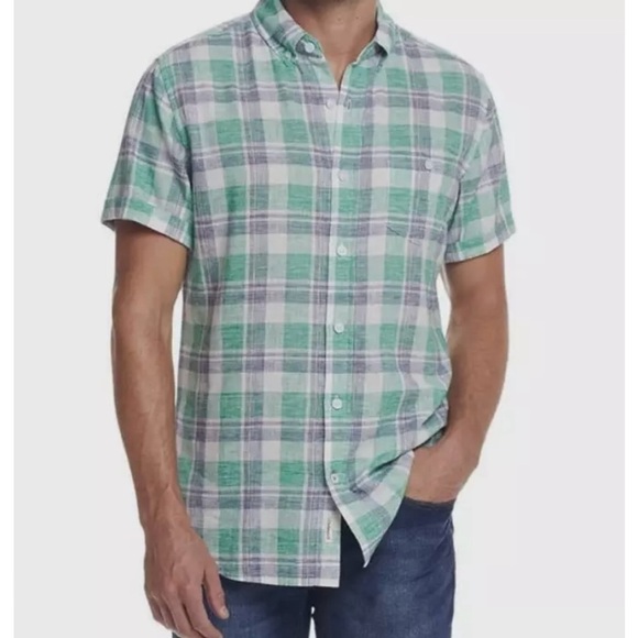 Weatherproof Vintage Mens Short Sleeve Linen Shirt Large Green/Navy Plaid - Picture 2 of 8